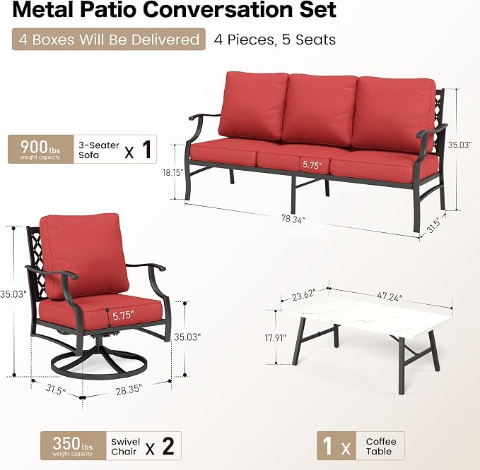 SUNSHINE VALLEY 4 Piece Metal Outdoor Patio Furniture Sets, Patio Conversation Sets 1 3-seater Sofa, 2 Swivel Chair with 5.75" Extra Thick Cushion and Coffee Table, Black Frame Backyard Furniture, Red