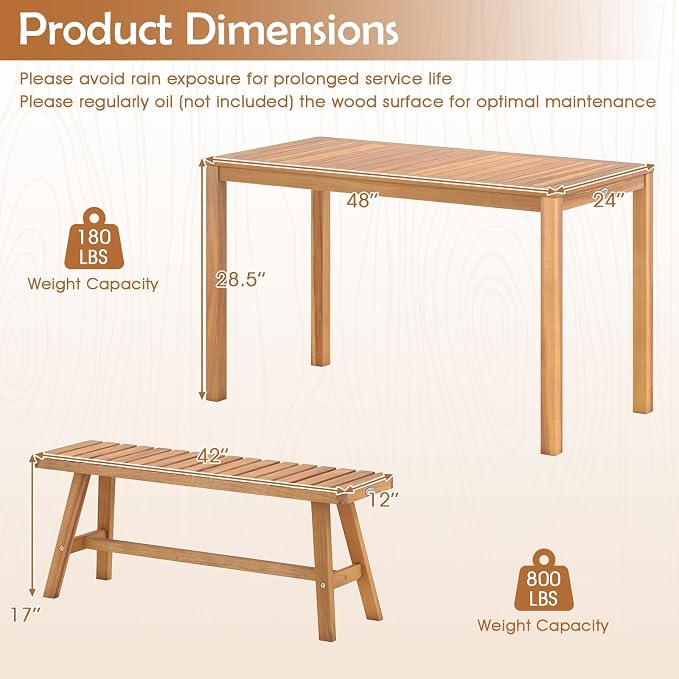 Tangkula 3 Pieces Acacia Wood Patio Dining Set, Outdoor Rectangular Table and Benches with Slatted Seats, Space-Saving Outside Furniture Set for Deck, Lawn, Garden and Backyard