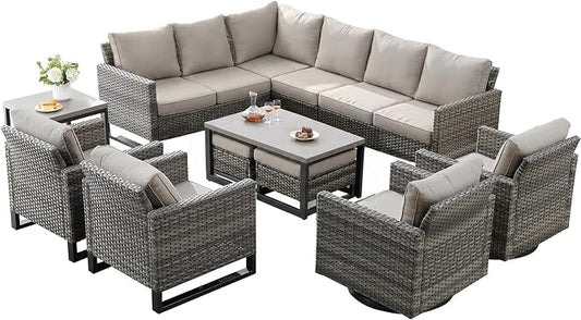 Belord Outdoor Sectional Furniture with Swivel Rocker Chair, 10 Pieces Wicker Patio Furniture Sets with Ottoman L Shaped Sofa Coffee Table Beige Cushion