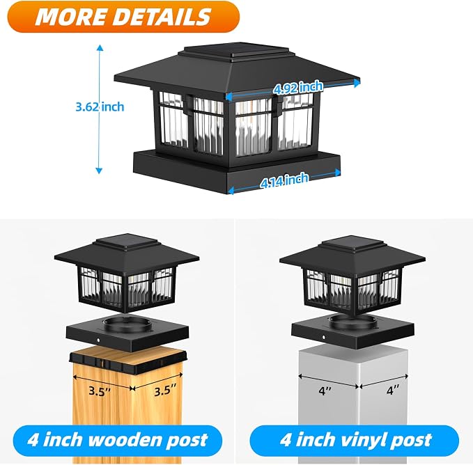 4x4 Solar Post Cap Lights, Classic Black, 8 Pack, Warm & Cool White | Fits 4x4 Wooden and Vinyl Posts,Fence Deck Post Lights,Edison-style bulb