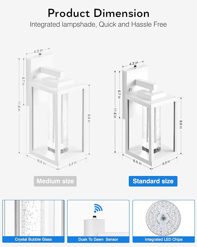 VIANIS White Outdoor Garage Lights Wall Mount, 2 Pack Dusk to Dawn Outdoor Coach Lights for House with Integrated 10W LED Light Source Crystal Bubble Glass, Modern Exterior Porch Light Wall Sconce