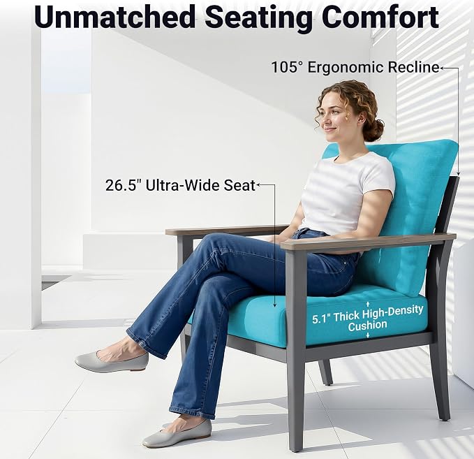Aluminum Patio Chairs with Ottomans, 4-Piece Outdoor Patio Furniture Set, Modern Lounge Armchairs with Footrests, Wood-Like Armrests & 5.1" Thick Cushions for Porch, Poolside, Blue