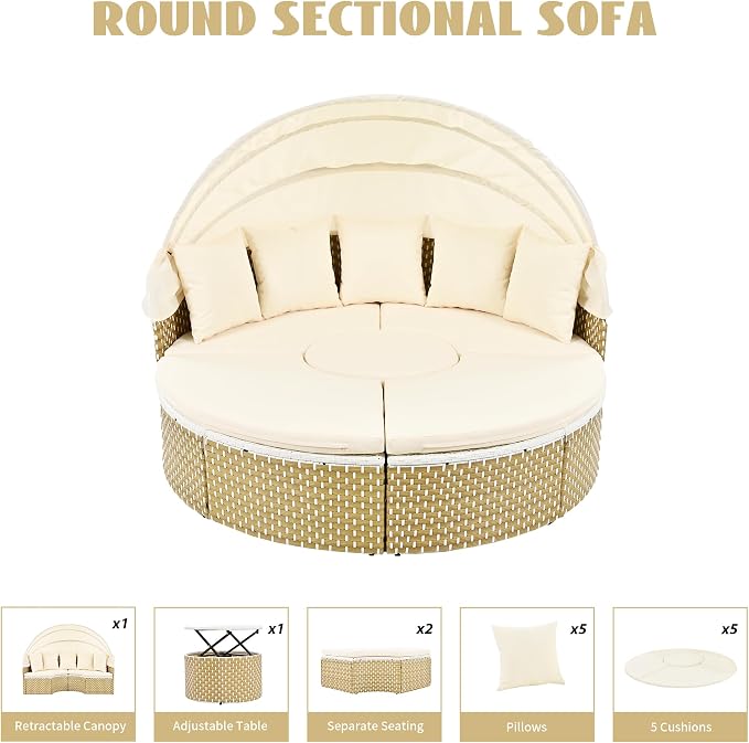 Merax Patio Conversation Set, 5-Piece Outdoor Furniture Round Sectional Sofa Set Rattan Daybed Two-Tone Weave Sunbed with Retractable Canopy, Beige