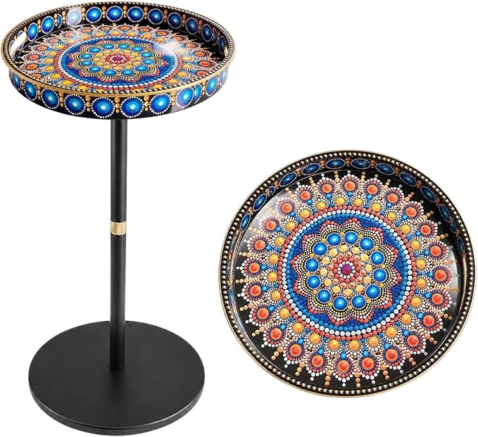 Gesodant Boho Single Leg Round Side Table with Tray Top, Pedestal Drink Table for Small Spaces, Aesthetic Accent Nightstand for Living Room, Bedroom, Corners, and Office (Peacock)