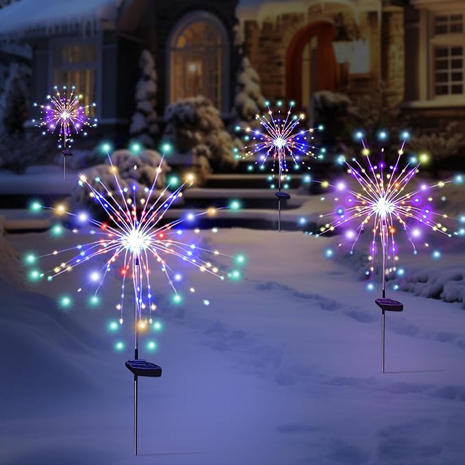 Solar Garden Firework Lights Outdoor Waterproof 4 Pack 120 LED Sparklers Solar Lights for Outside Patio Backyard Yard Pathway Walkway Decorations 4th of July Decorations (Colorful)