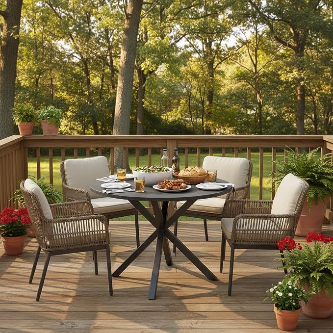 Tangkula 34-Inch Metal Round Patio Dining Table for 4, Heavy Duty Outdoor Metal Frame Dinner Table with Wood-Like Top & X-Shaped Legs, Outside Bistro Table for Deck, Balcony, Backyard, Lawn & Garden