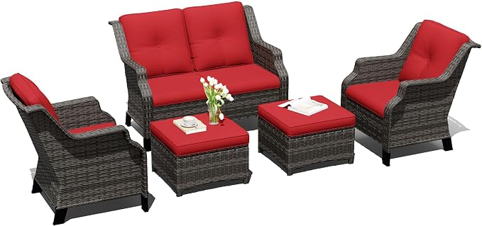 Outdoor Patio Furniture Set, 5 Piece Wicker Patio Furniture with Thick Cushions, Curved Armrest, Deep Seating, Rattan Outdoor Chairs for Porch, Deck, Balcony