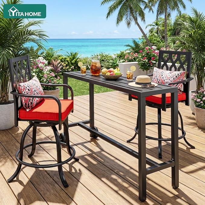YITAHOME 55" Outdoor Bar Table with Wheels, Narrow Metal Patio Bar Height Table, Modern Rectangle Console Table for Balcony Garden Poolside, Black