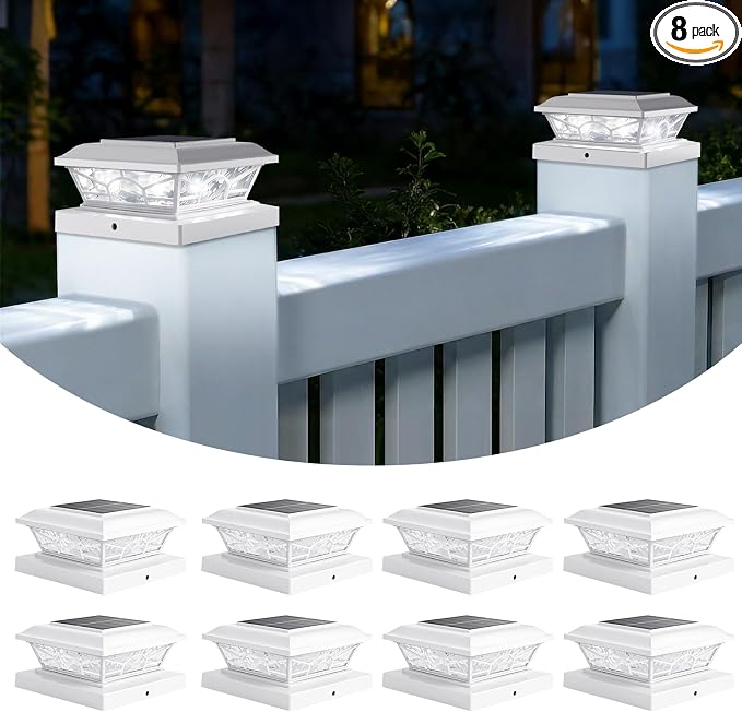 Brightever 4x4 3.5x3.5 Solar Post Cap Lights 8-Pack White | 2 Modes (Warm/Cool White), 16LEDs, for Wooden/Vinyl Posts, IP65 Waterproof, Outdoor, for Fence, Deck, Patio, Yard, Porch