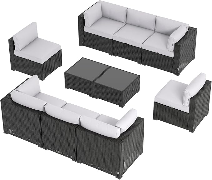 Aoxun 10 Piece Patio Furniture Set Wicker Rattan Patio Sectional Sofa Set Outdoor Seating Furniture with Thickened Cushion, Light Gray