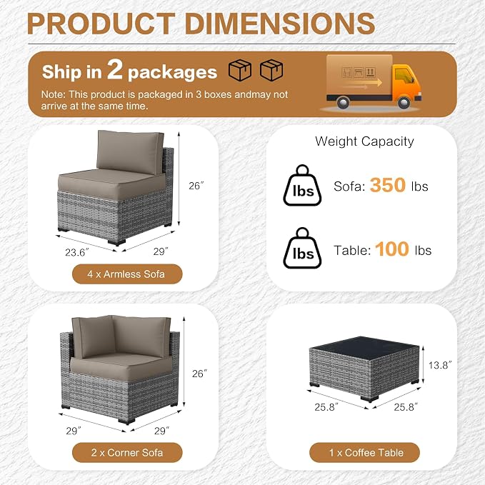 MOCHITO 7 Pcs Outdoor Patio Furniture Sets Grey Rattan Khaki Cushions | All-Weather Sectional Sofa, with Glass Table, PE Rattan Wicker Patio Furniture , Washable Cushions, for Balcony Porch Garden