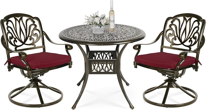 VIVIJASON 3-Piece Patio Furniture Dining Set, Outdoor All-Weather Cast Aluminum Bistro Set, Include 2 Swivel Chairs and 35.4" Round Table w/Umbrella Hole for Balcony, Lawn, Garden (Red Cushion)