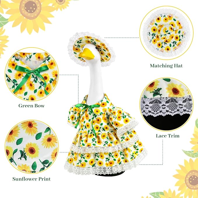 Porch Goose Outfits for 23 Inch Goose Statue, Summer Sunflower Dress with Yellow Hat and Lace Trim, Porch Goose Clothes for Outdoor Garden Lawn Patio Decor