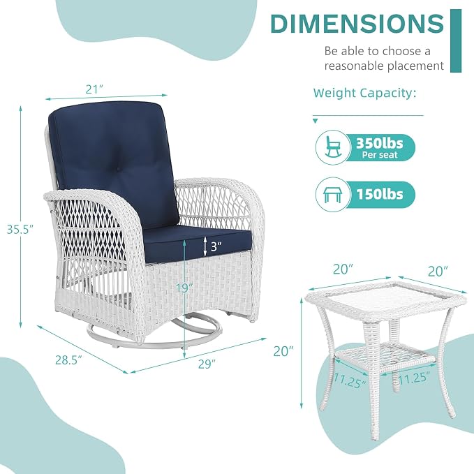 MEETWARM 3 Pieces Outdoor Wicker Swivel Rocker Patio Set, Rocking Chairs Rattan Patio Furniture Sets with Thickened Cushion and Glass-Top Coffee Table, Conversation Bistro Set, White Wicker/Navy