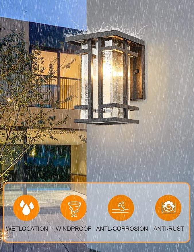 Retro Outdoor Wall Light Small Outside Wall Lamp with Clear Seeded Glass Shade 10"H Exterior Light Fixtures Wall Mount IP65 Waterproof Outdoor Porch House Lighting Exterior Wall Lantern E26 Black