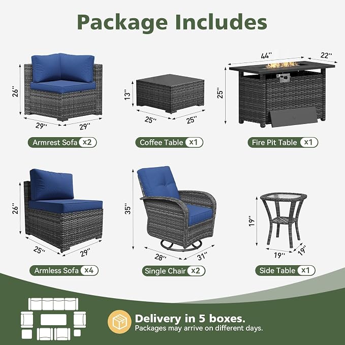 Aoxun 11 Piece Outdoor Patio Furniture Set with 44'' Fire Pit Table, Wicker Rattan Outdoor Furniture with High Back Swivel Rocker Chairs, Outdoor Sofa Set with Thick Cushion & Side Table, Navy Blue