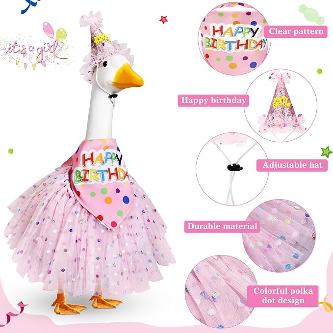 3 Pcs Porch Goose Birthday Outfit Girl Cement Goose Clothes,Pink | 23 Inch Porch Goose Outfits Happy Birthday, Porch Goose Outfits Princess, Happy Birthday Hat and Tutu Skirt Bandana