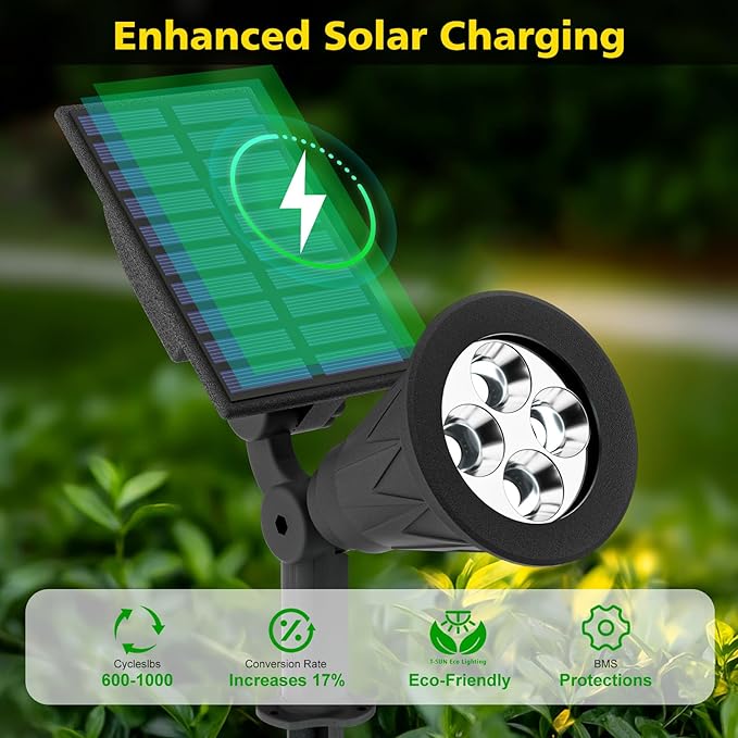 T-SUN Solar Spot Lights Outdoor Waterproof,Solar Landscape Spotlights,4Pack | Cool White, 4 LEDs, 2 Lighting Modes, IP65 Waterproof Dusk to Dawn Solar Lights for Tree, Patio, Yard, Garden, Driveway