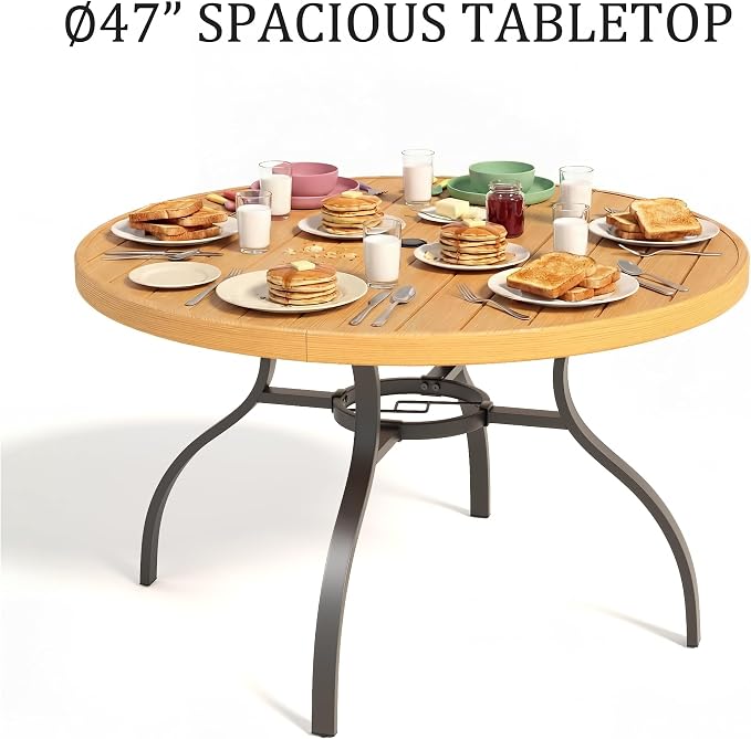 47” Patio Outdoor Dining Table, Wood-Grain Patio Round Table with Umbrella Hole, All-Weather Metal Dining Table for Party, Lawn & Garden