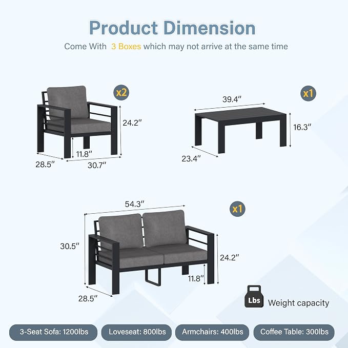 Aluminum Patio Furniture Set, 4 PCS Metal Oversized Outdoor Furniture Set Washable Thick Cushions, 4 Seat Patio Conversation Set with 3.54” Wide armrest and Coffee Table for Patio, Garden