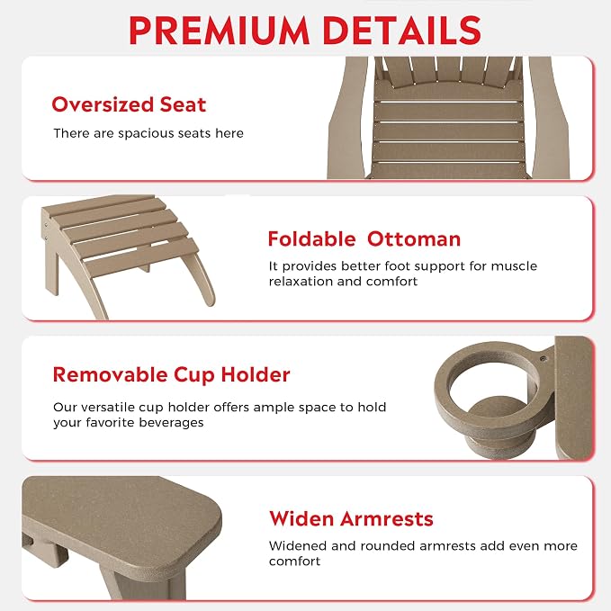 Costaelm Lakeview 4-Piece Outdoor Patio HDPE Adirondack Chairs with Ottomans and Cup Holder Set, Weathered Wood