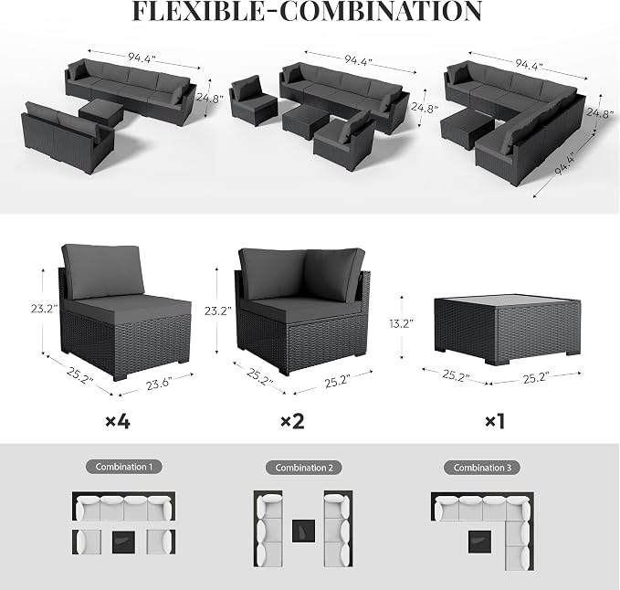WWR Patio Furniture Set 7 Piece - All-Weather - Wicker Rattan Patio Outdoor Conversation Set, Modular Sectional Sofa for Backyard, Garden, Poolside, Balcony, Porch, Patio, Black/Dark Gary