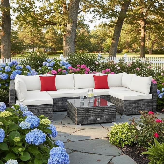 Tangkula 7 Pieces Wicker Patio Furniture Set, All-Weather Outdoor Rattan Sectional Sofa Set with Cushions & Tempered Glass Coffee Table, Outside Sofa Set for Garden, Lawn, Deck, Backyard (White)