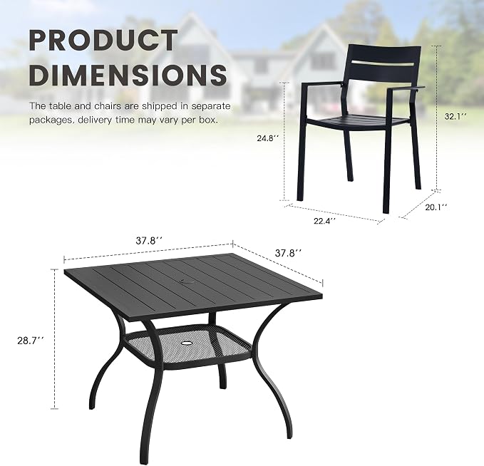 Patio Dining Set for 4, 37.8" Outdoor Dining Table and Chairs Set with Stackable Patio Chairs Outdoor Furniture for Garden Deck Backyard, Black Table and Black Chairs