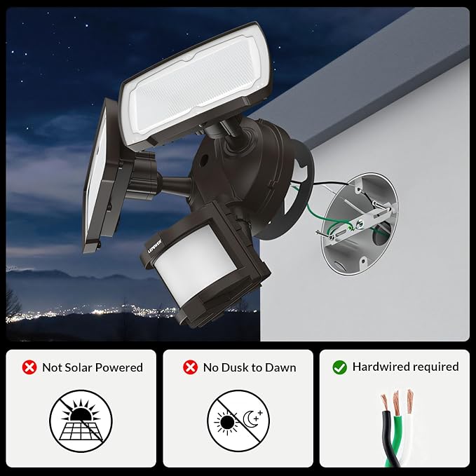 LEPOWER Hardwired LED Security Lights Motion Sensor Outdoor, 30W 3200LM | 5500K Daylight, 72 FT Range & 180° Detection, Easy to Install, IP65 Waterproof, 2 Head Flood Light for Garage, Yard, Porch