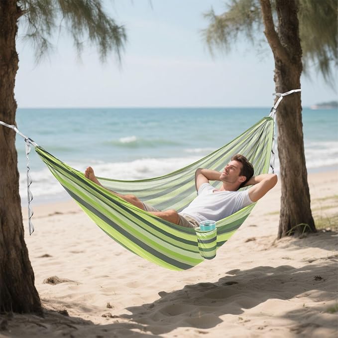 Camping Hammock Outdoor Hammocks for Outside Green Gray Stripe Beach Trees Portable Lightweight with Pockets Tree Straps Indoor