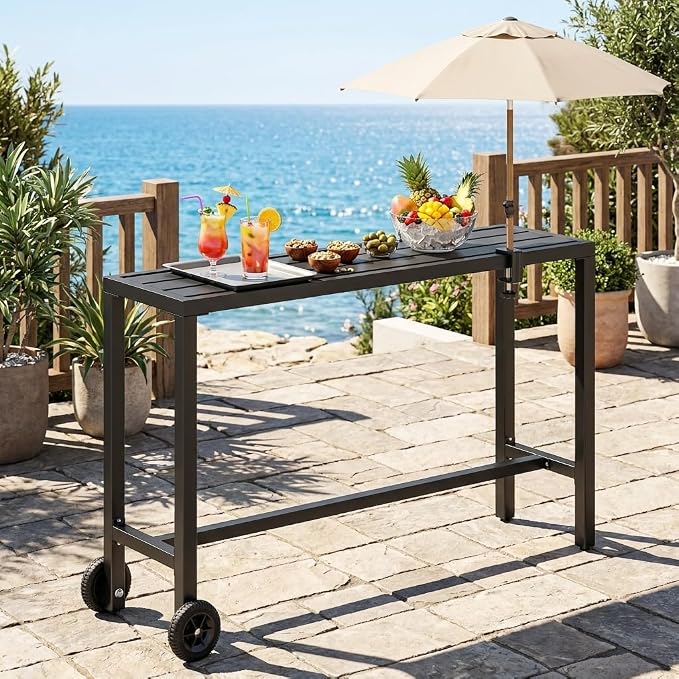 YITAHOME Outdoor Bar Table, 55" Narrow Metal Patio Bar Height Table, Rectangle Console Table with Wheels, Tall Counter for Garden Poolside, Black