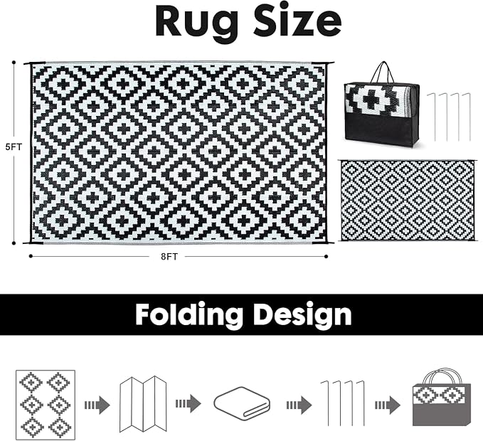 Aug-guan Outdoor Rug 5’x8‘ ft,Polypropylene Reversible Area Rug Carpet for Patio, Backyard & Deck – Waterproof, Fade-Resistant & Portable Foldable Mat with Storage Bag for Camping, RV, Picnic & Beach