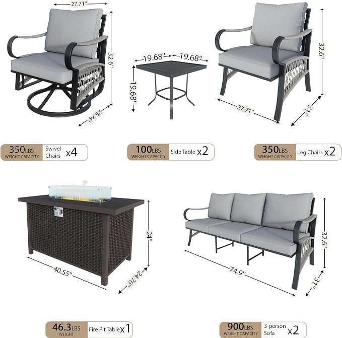 11 Pieces Patio Furniture Set, Metal Outdoor Conversation Sets with Fire Pit Table and Swivel Chairs for Backyard Garden Deck Porch Poolside (Thick Gray Cushions)