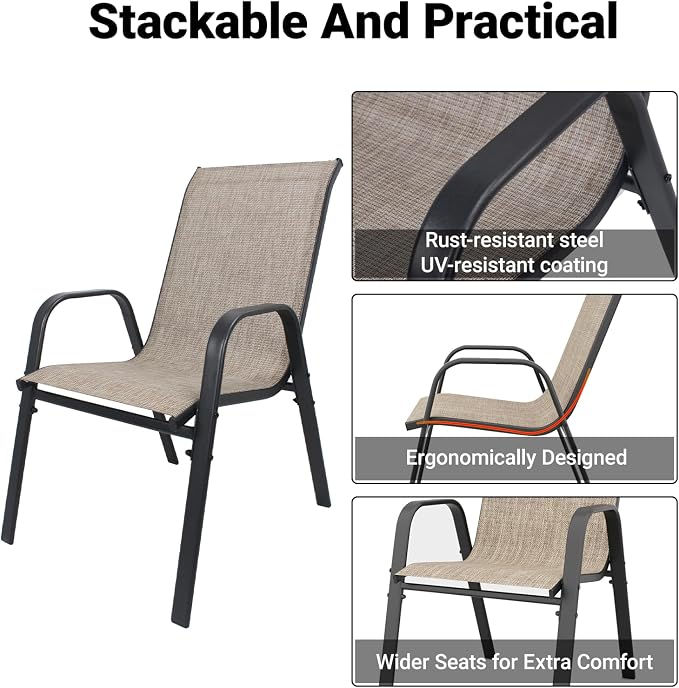5 Piece Patio Dining Set, Stackable Outdoor Chairs Set of 4 with Textilene Fabric, 37.8" Wood-Grain Square Table with Umbrella Hole for Backyard Lawn Party (1 Table + 4 Chairs) (Brown)