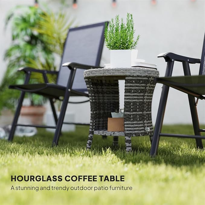 Outdoor Wicker Side Table Hourglass Shape Rattan Patio Table with Storage Shelf, All-Weather for Outside Patio, Porch, Garden, Grey