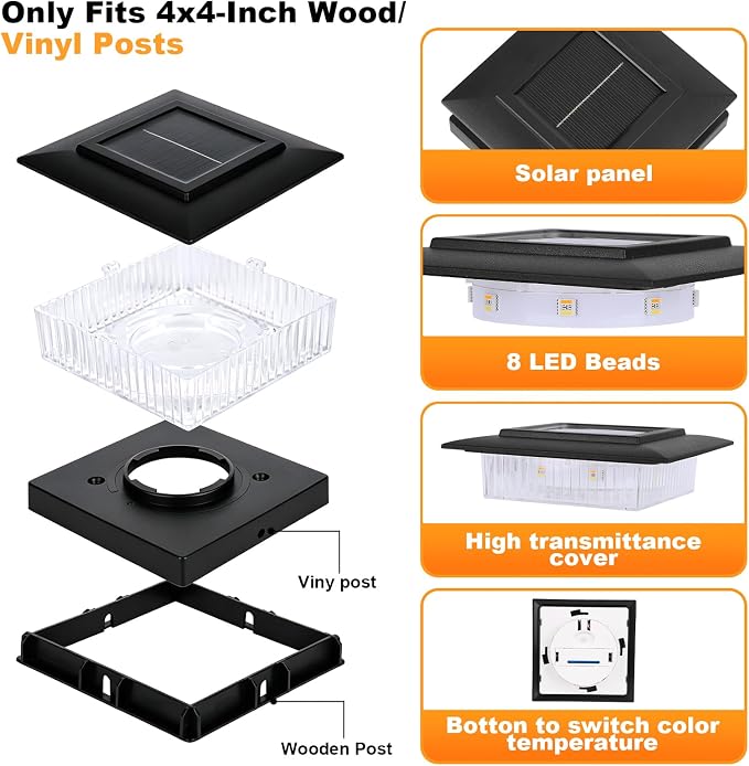 4x4 Post Solar Lights Outdoor, 13 Lighting Modes 8 LED Solar Post Cap Lights, Waterproof Solar Deck Lights for 4x4 3.5x3.5 Wood/Vinyl Fence Post (16)
