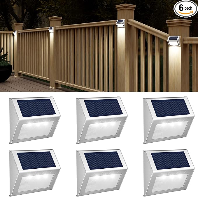 JSOT Solar Powered Lights Ideal for Step, Fence, Deck, Stair-Cool White-6P | Stainless Steel, Waterproof, Automatic Dusk to Dawn, Anti-Rust, Energy Efficient, Perfect for house decor