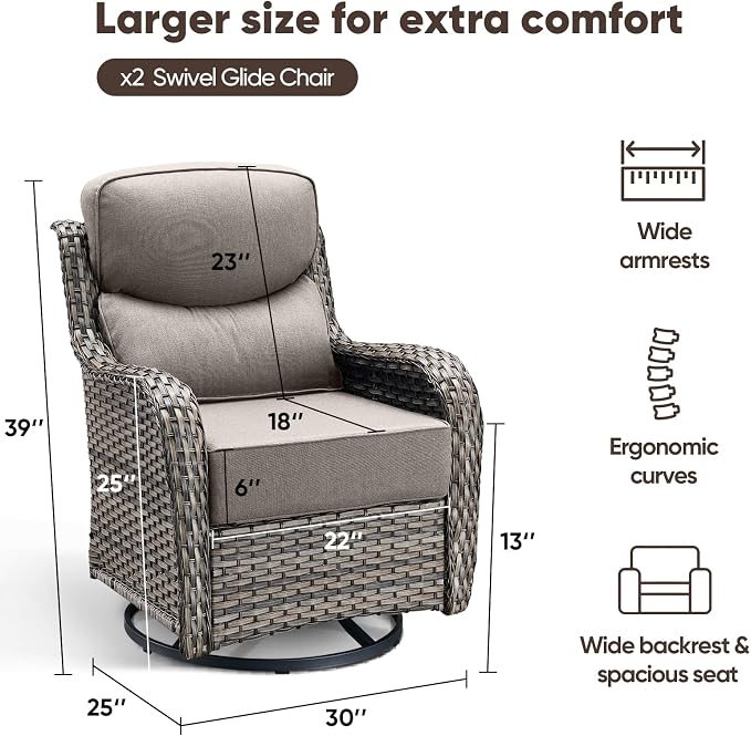 Swivel Patio Chairs sofa Set of 2 with 6" Thick Cushion - Wicker Outdoor Swivel Rocker Patio Chair ,Sofa/Glass coffee table, High Back Comfortable Outdoor Glider Chairs - Grey Wicker | Grey Cushions