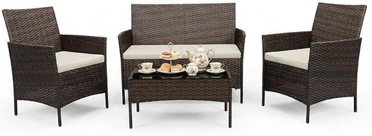 4 Piece Patio Furniture Set, Outdoor Deck Rattan Chair Wicker Combo Furniture, All Weather Dialogue Rattan Sofa with Upholstery and Glass Table for Garden, Backyard, Porch, Lawn, Pool, Brown+White
