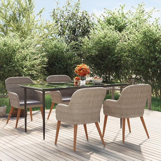 5 Piece Patio Dining Set with Cushions Brown Acacia Wood Outdoor Dining Table and Chairs Tempered Glass Top for Garden Backyard Porch Balcony Seating 4 People