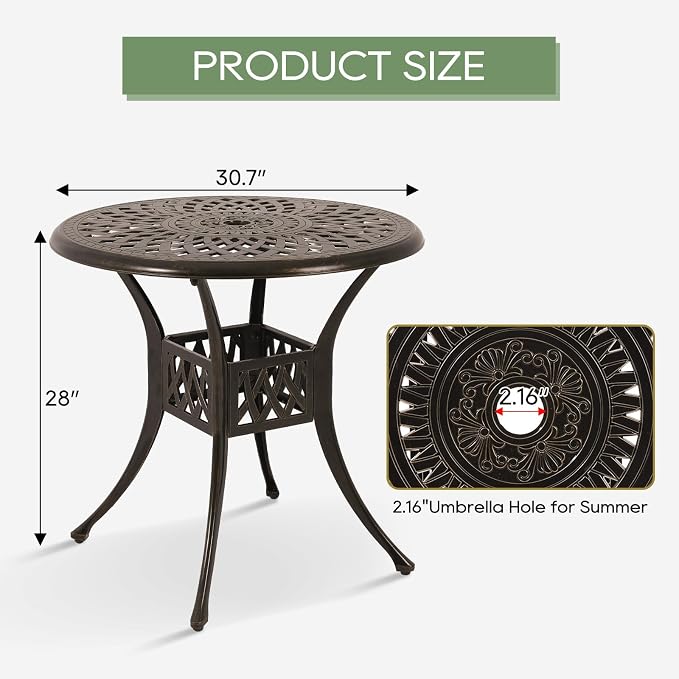 Patio Dining Table,Cast Aluminum Patio Table with Umbrella Hole, Outdoor Bistro Table for Backyard, Garden, Patio (31" Round Table)
