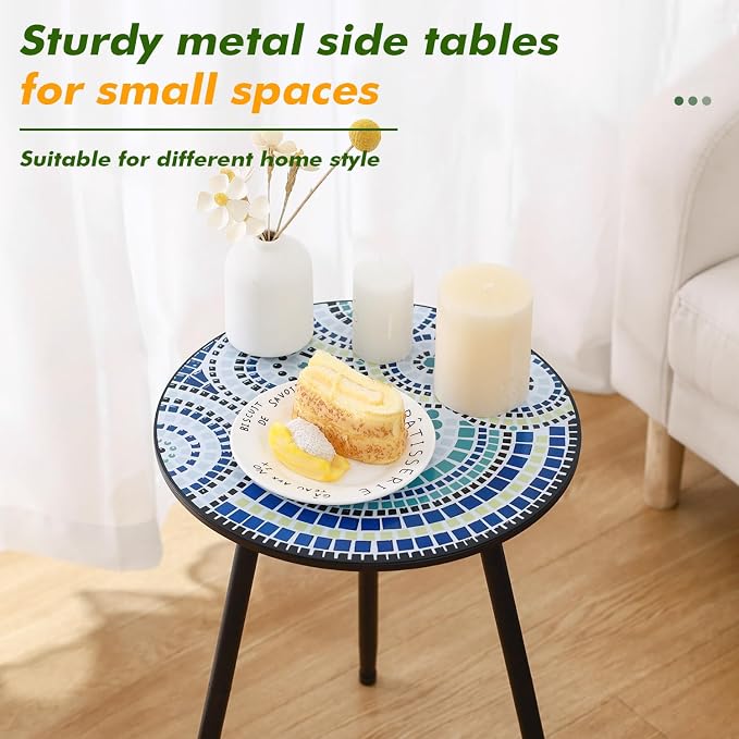 Party Zealot 2 Packs Metal Mosaic Round Side Tables 13.4" Small Outdoor Patio Round Accent Coffee Tables Indoor Corner Stand for Small Spaces Weather-Resistant for Balcony, Porch Plant Stands Indoor