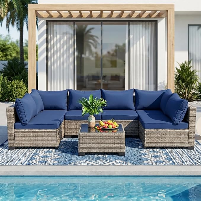 7-Piece Patio Furniture Set, Outdoor Wicker Conversation Sofa Set with Coffee Table & Extra Thick 8.5" Cushions, All-Weather Sectional for Backyard, Porch, Poolside (Navy Blue, 7PCS)