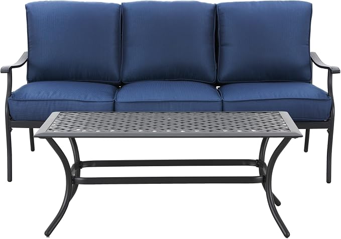 LOKATSE HOME 3 Seat Metal Patio Loveseat Bench Outdoor Furniture Bistro Set with Coffee Table for Lawn Front Porch Garden Yard or Poolside, Blue