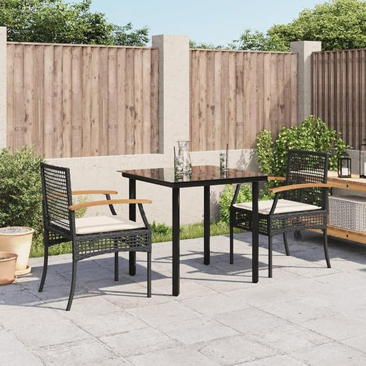 3 Piece Patio Dining Set with Cushions Black Poly Rattan Outdoor Table and Chairs for Garden Backyard Deck Tempered Glass Top UV Proof Weather Resistant