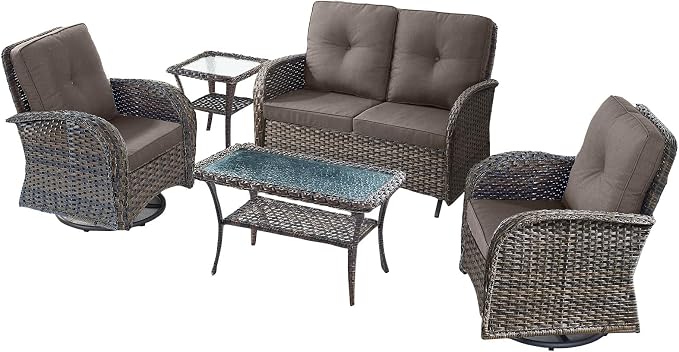 5 Pieces Patio Furniture Set-Outdoor Rocking Chairs Set of 2 Outdoor Glider Bench with Wicker Outdoor Coffee Table for Deck Lawn Porch Balcony Poolside-Brown/Grey