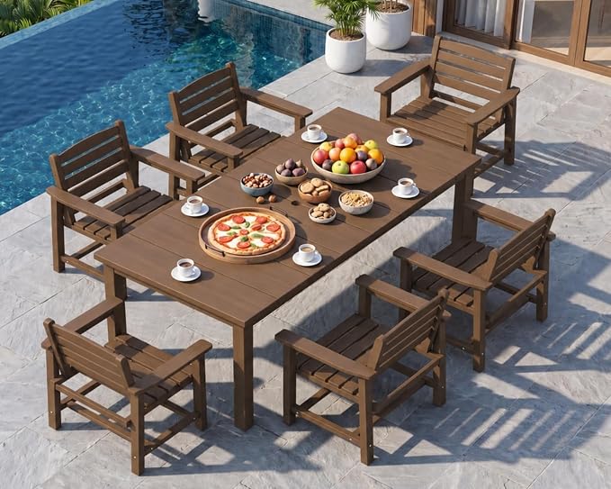 HDPE 7-Piece Outdoor Dining Set with Armchairs, Brown | All Weather Patio Table and Chairs with Umbrella Hole, Patio Furniture Dining Set for Lawn, Garden, Deck, Backyard