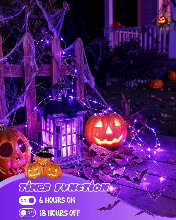 4 Pack 60 LED Fairy Lights Battery Operated with Timer 20FT Halloween Light | Purple, Cuttable Copper Wire, Waterproof Battery String Lights for Indoor Outdoor, Bedroom, Home, DIY, Halloween Decorations