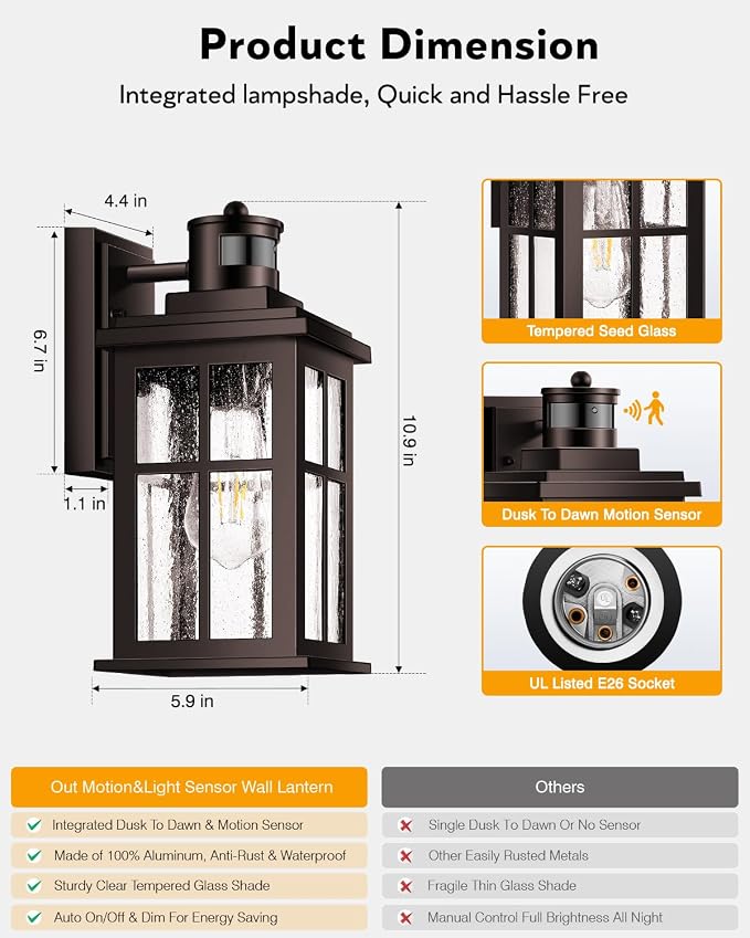 VIANIS Brown Motion Sensor Exterior Lighting Fixtures, Oil Rubbed Bronze Outdoor Garage Lights Wall Mount Sconce, Outdoor Wall Lantern for Garden, Patio, Front Door, Outside Porch Lights for House