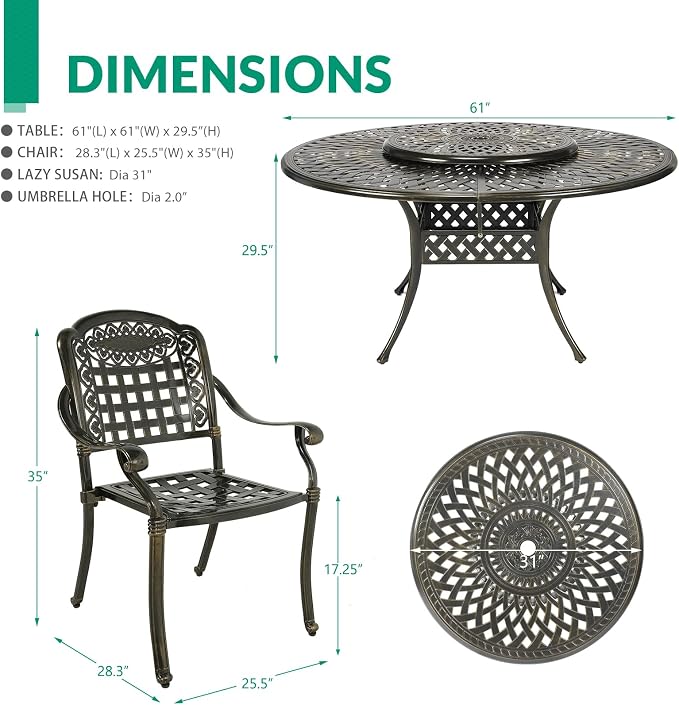 VIVIJASON 9-Piece Outdoor Furniture Dining Set, Rust-Free Cast Aluminum Patio Conversation Set, Include 8 Chairs & 61" Round Dining Table with 31" Lazy Susan, Umbrella Hole for Lawn Garden